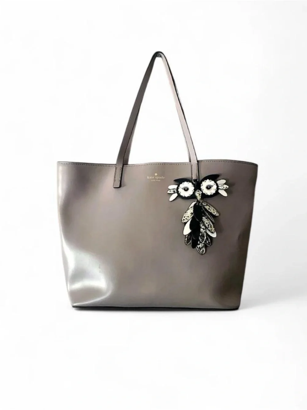 Kate Spade Star Bright Owl Little Len Leather Tote Cityscape Taupe Grey WKRU5675